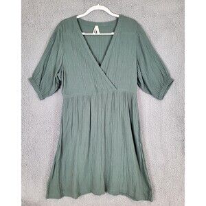 Pact Coastal Double Gauze Dress Organic Cotton V Neck Size Large Green